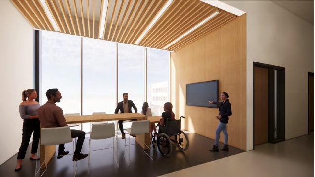 Rendering of a group of people meeting at a wooden high top rectangular table in a windowed room with a TV on the wall