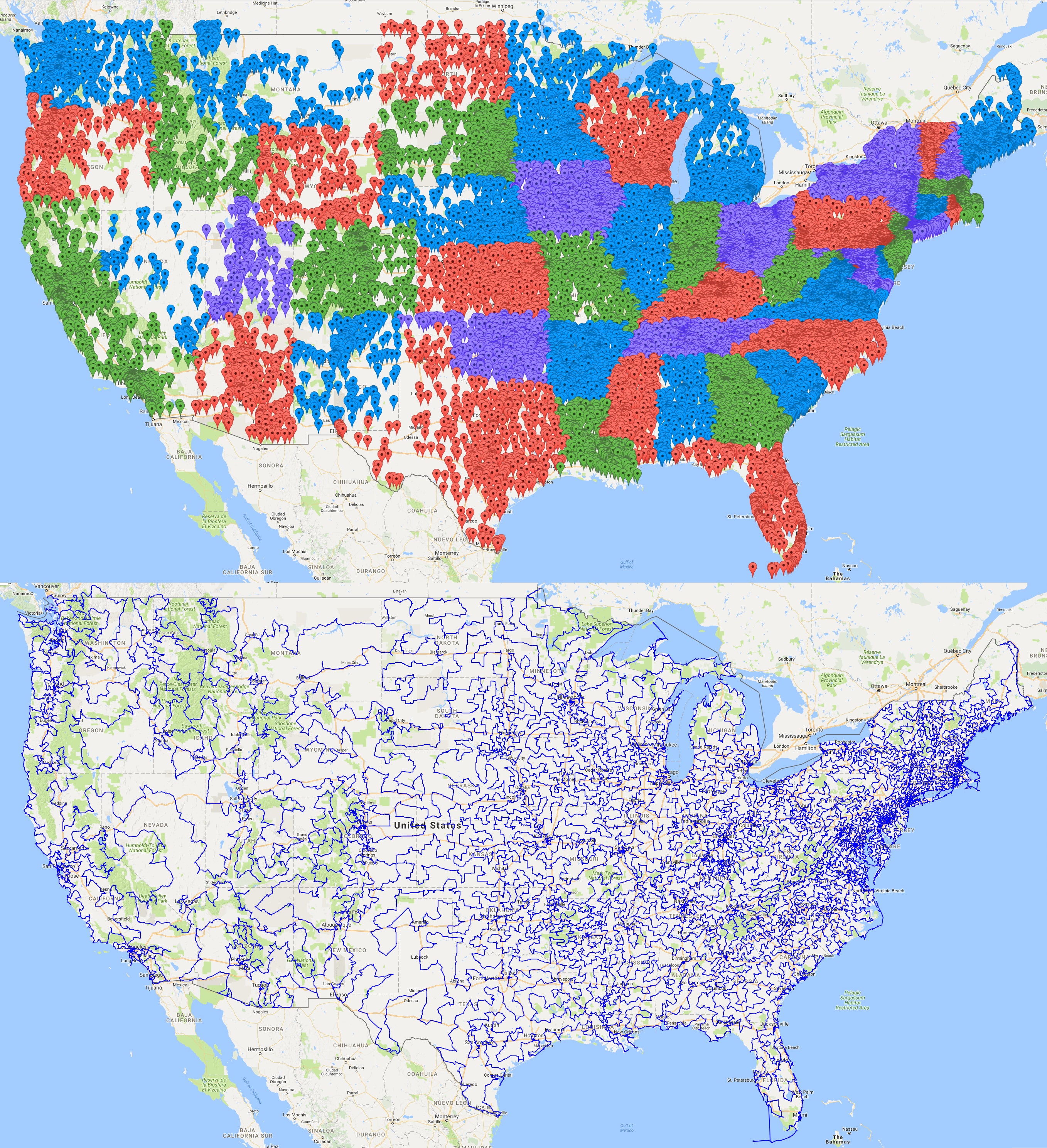 Images of data points computed using the traveling salesman problem, and of the optimal tour created of the 49,603 sites from the US National Register of Historic Places