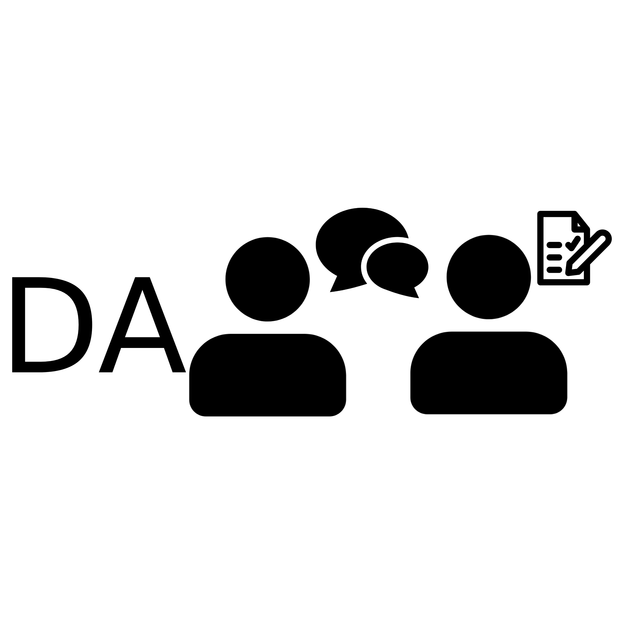 The letters DA, icons of two people with a discussion bubble between them, a paper with a pencil indicating you must acknowledge who you are discussing with