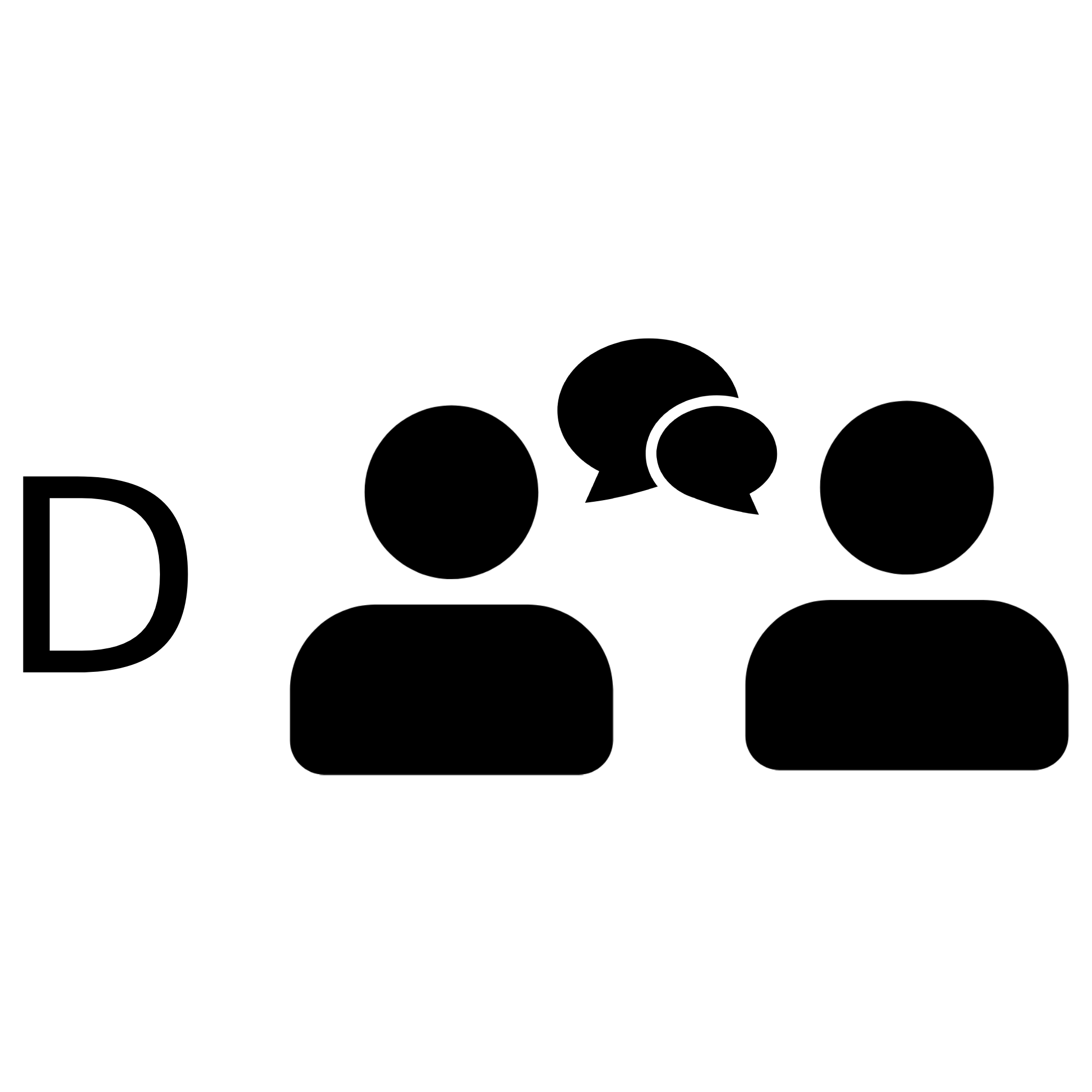 The letter D,  icons of two people with a discussion bubble between them.