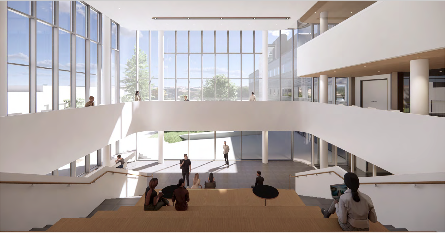 Rendering of white indoor lobby space with multi-level wooden benches and large windows with sun beaming in