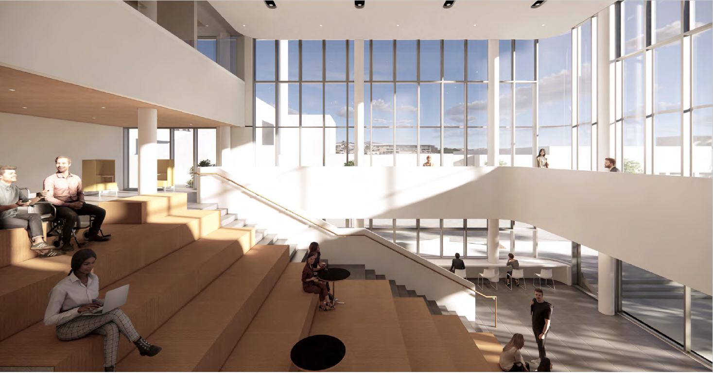 Rendering of people sitting on multi-level wooden benches in a bright white lobby with sun beams coming in