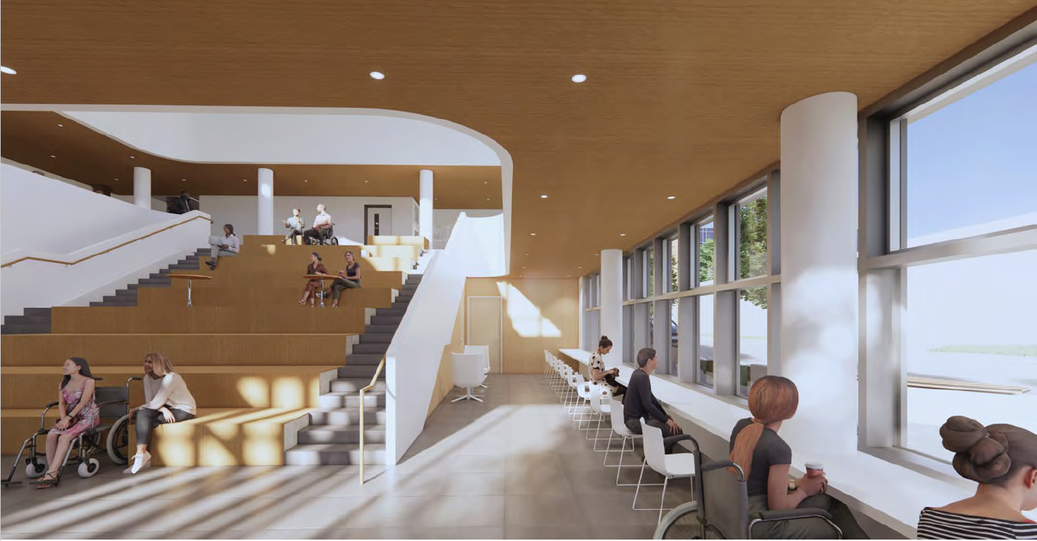 Rendering of people sitting at a window bar, tables, and amphitheatre style benches