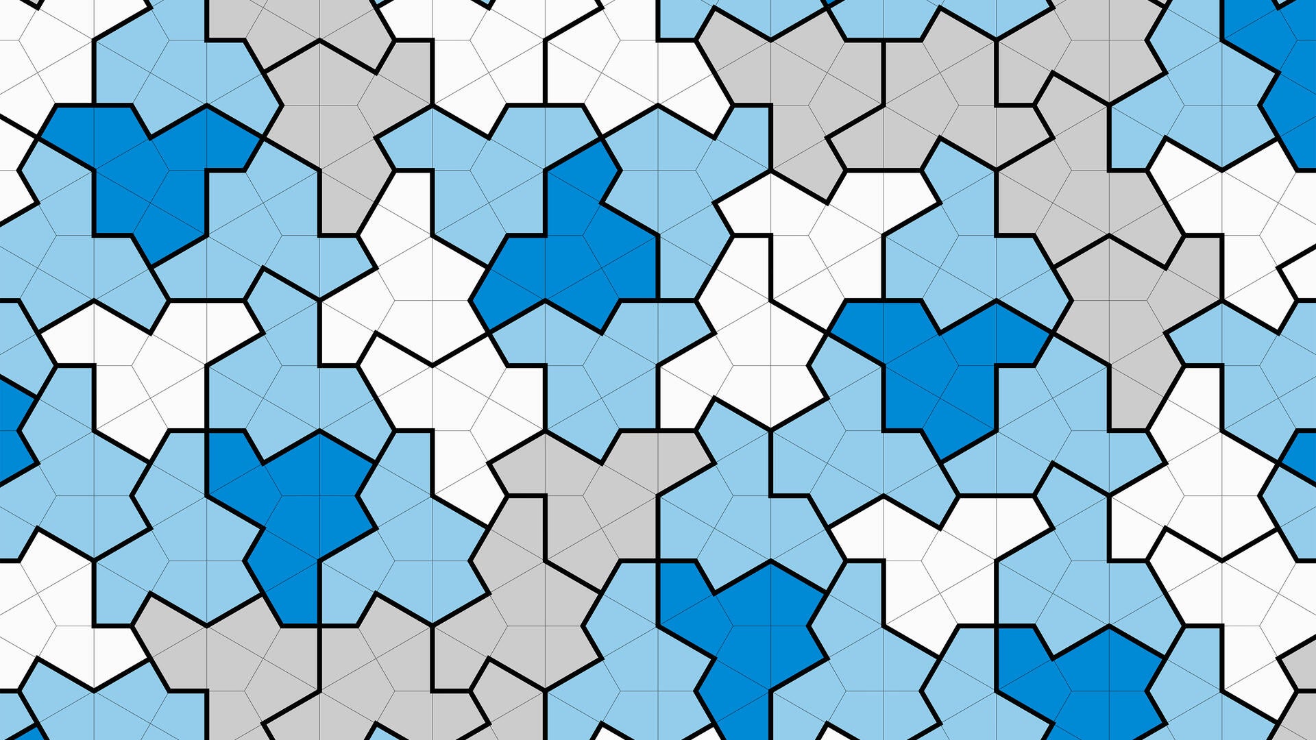 a thirteen-sided shape tiles in a non-repeating pattern across the screen, in shades of grey, blue, and white