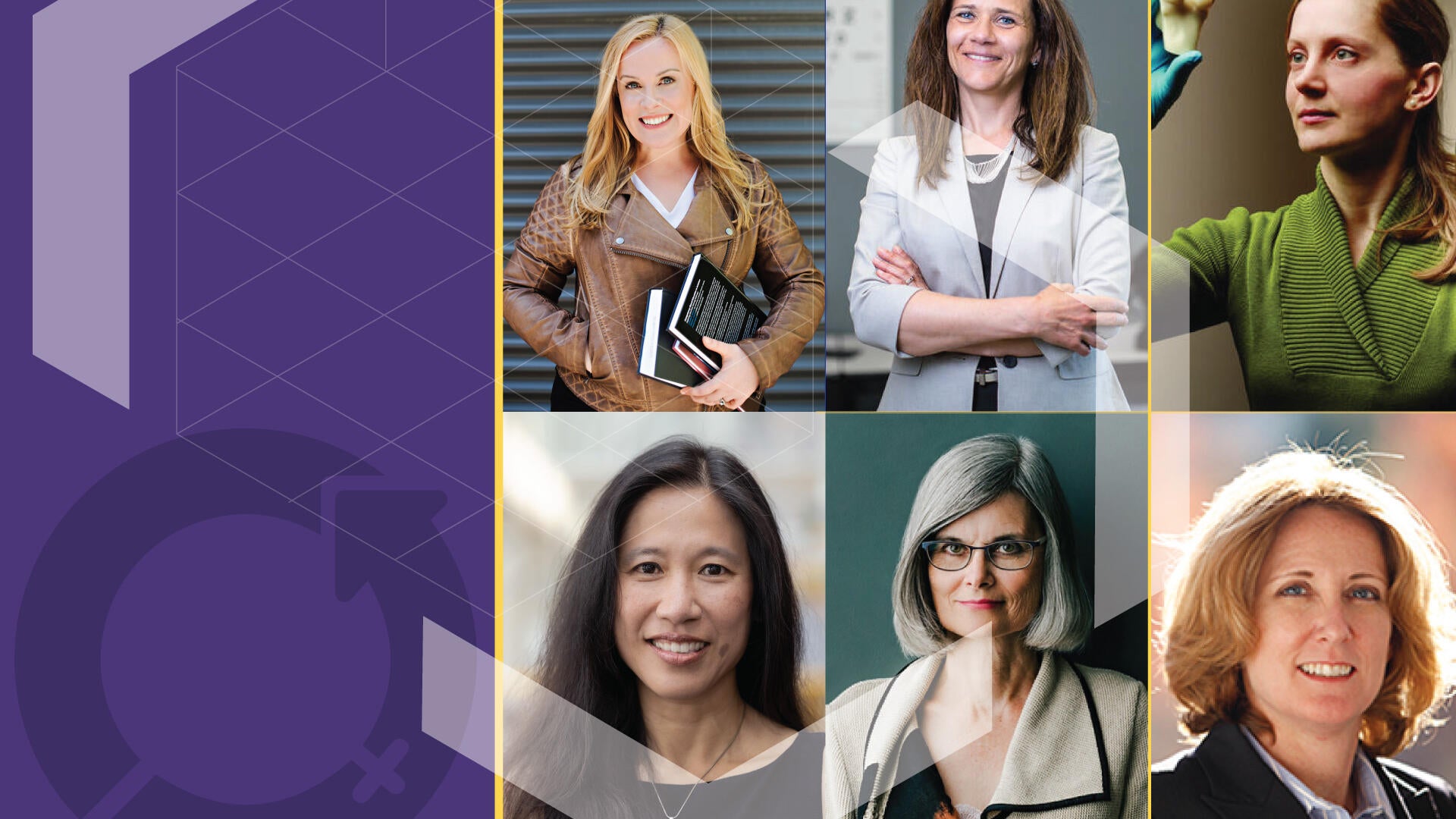 Six female researchers tiled next to a purple background