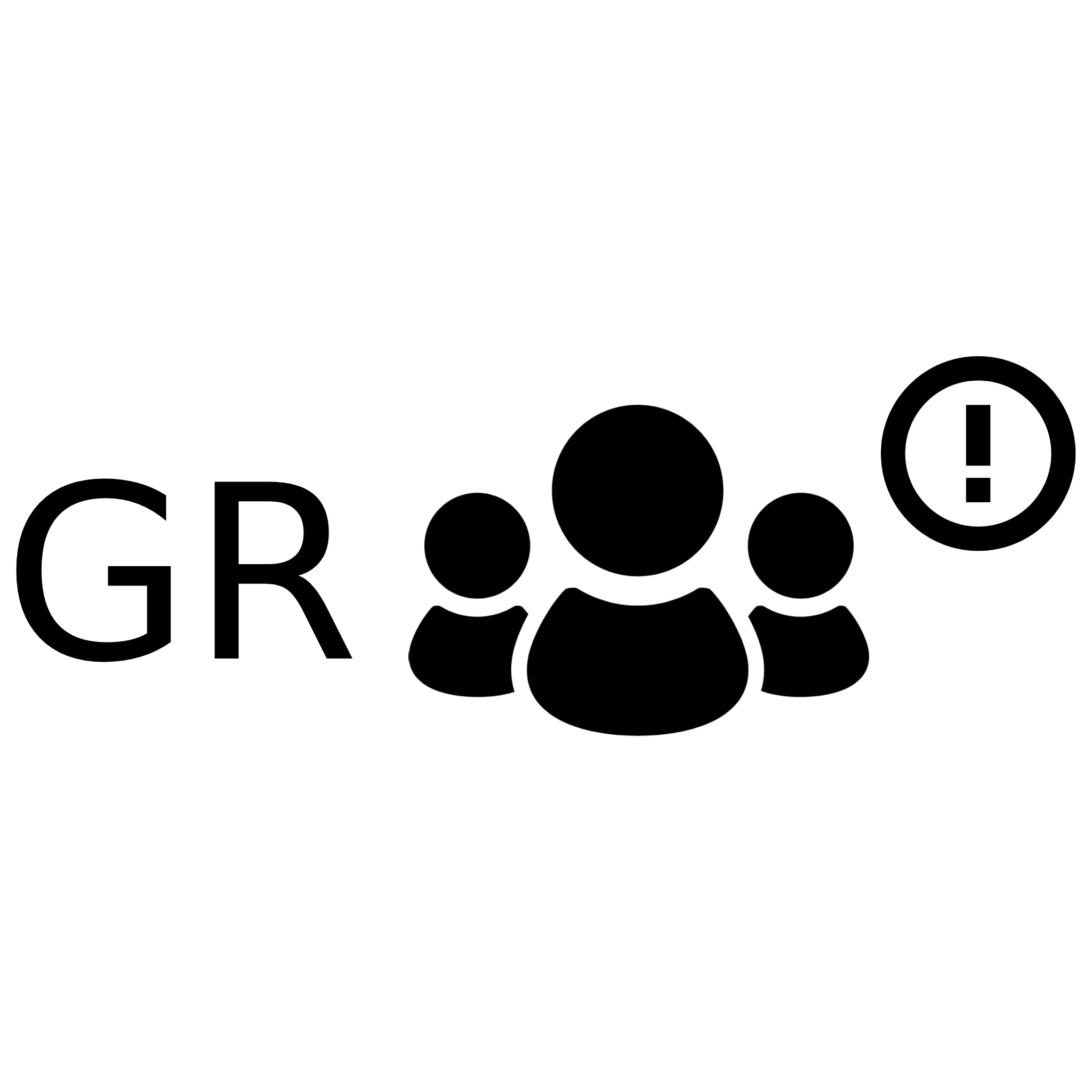 The letters GR, an icon of a group of 3 people, an exclamation mark in a circle