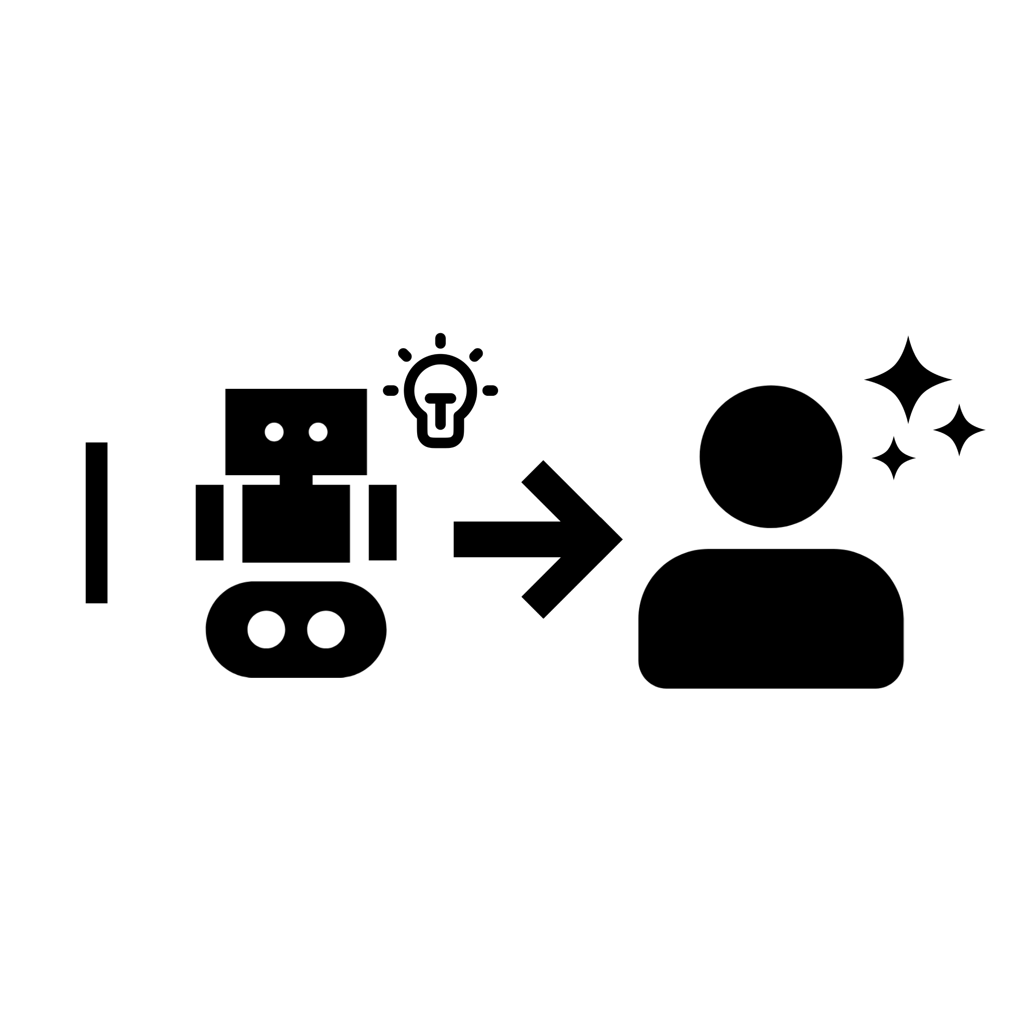 The letter I, an icon of a robot with a lightbulb next to its head. An arrow pointing from the robot to an icon of a person with a sparkle next to their head.