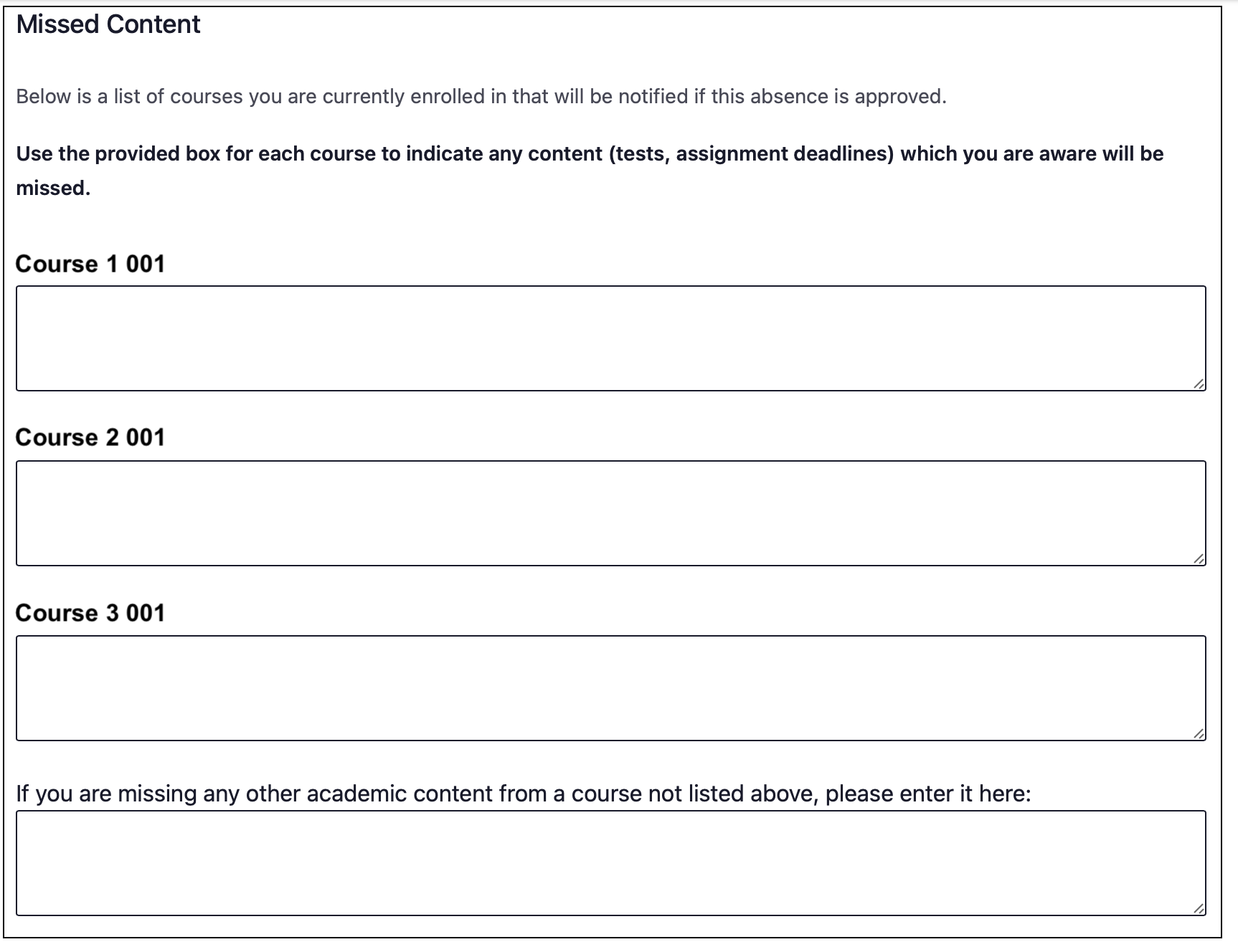 List of courses with space for text