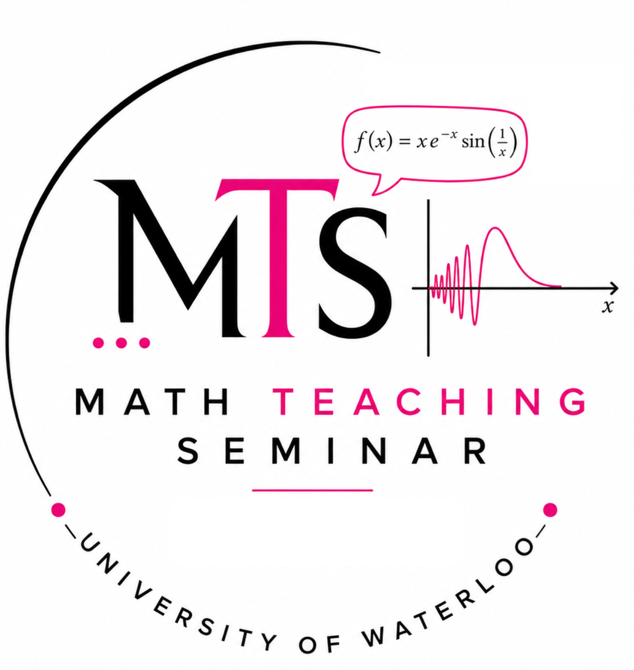 A logo for the Math Teaching Seminar. The equation xexp(-x)sin(1/x) is displayed alongside MTS and The University of Waterloo at the bottom.