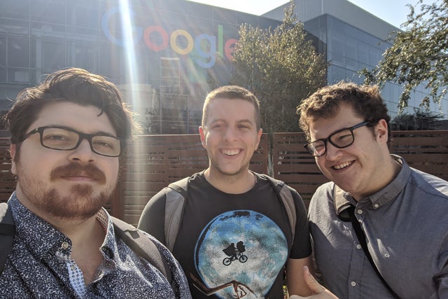 Waterloo researchers (L-R): Verdon, Broughton and McCourt in front of Google HQ.