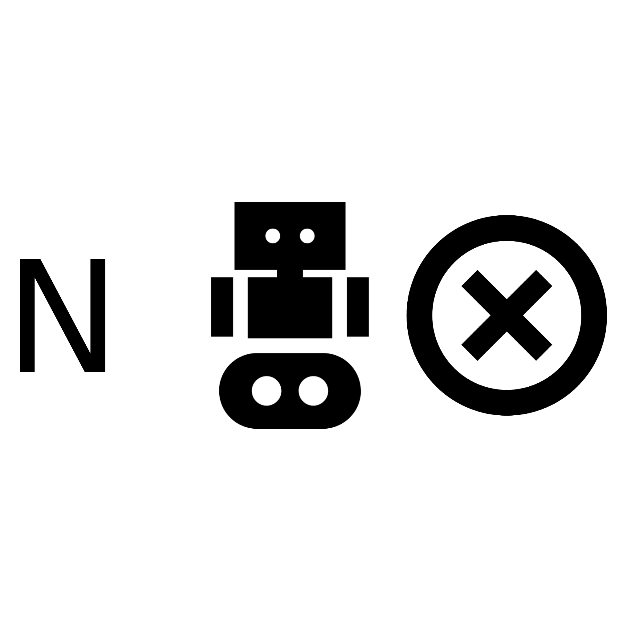 The letter N, an icon of a robot, a X with a circle around it