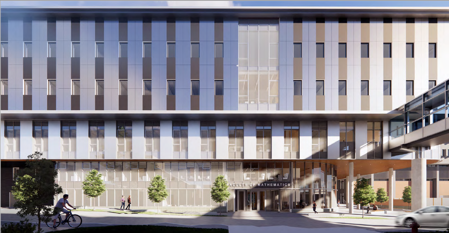 Rendering of windowed and glass building exterior labelled Faculty of Mathematics above the entrance