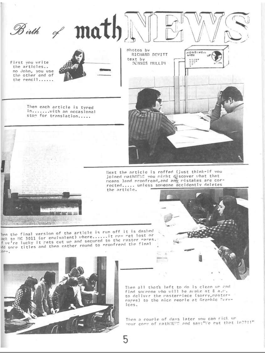 1970s mathNEWS issue featuring typewritten captions and photos of people working wearing vintage clothes