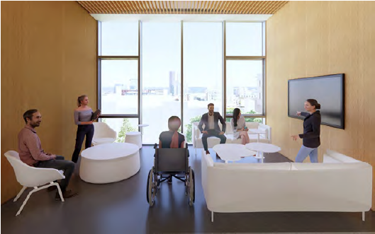 Rendering of a group of people during a presentation in a windowed meeting room with wooden walls, one is pointing at a TV