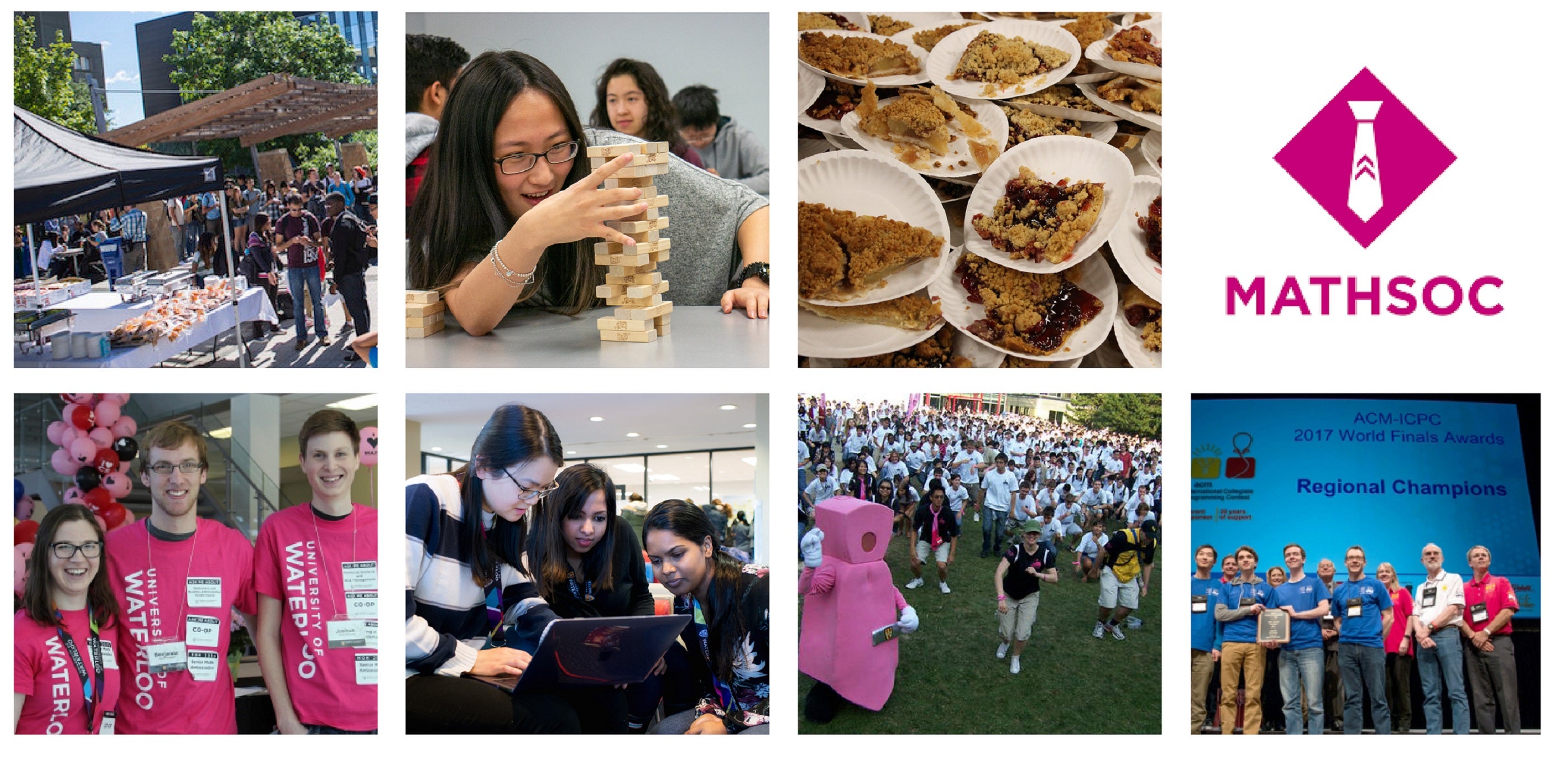 Photo collage of students volunteering, competing, eating pie and playing games
