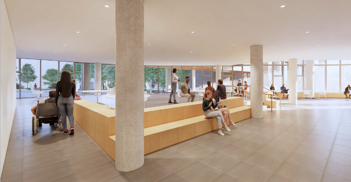 Rendering of people in groups in a white roofed lobby with grey floors and concrete pillars
