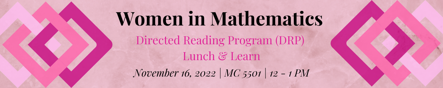 Women in Mathematics Directed Reading Program Lunch & Learn event banner with pink background and squares