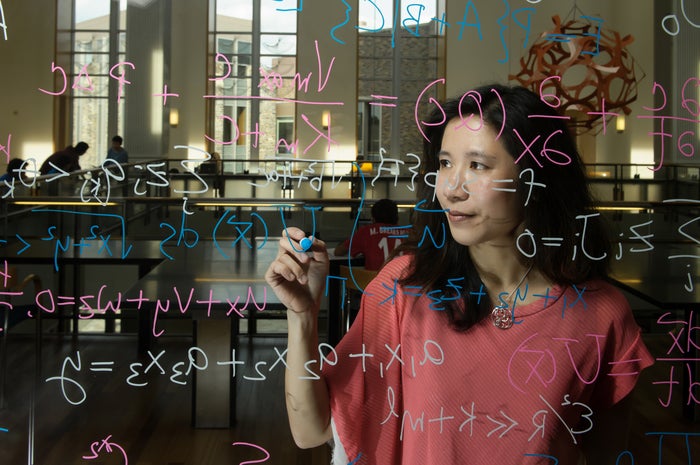 Anita Layton writes equations on glass
