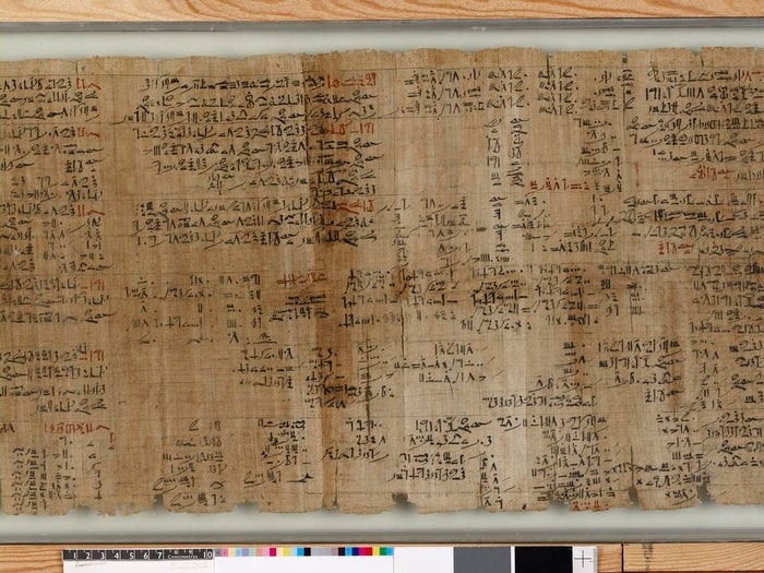 The Rhind Papyrus, an ancient document covered in hieroglyphs and symbols