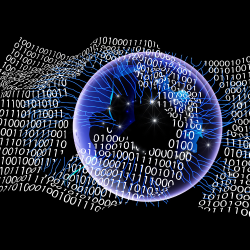 Binary code overlayed on a sphere