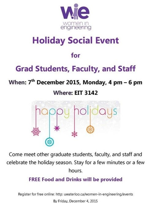 Announcement of the Holiday social for women Grad Students