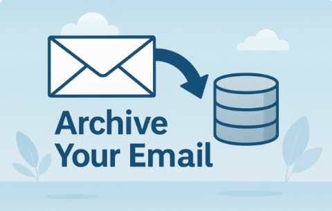 "Illustration of an envelope icon pointing to a database symbol with the text 'Archive Your Email' below, set against a light blue background with clouds and leaves.