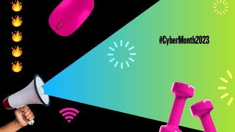 a megaphone shouting #cybermonth2023 with a mouse on the top and dumpbells at the bottom