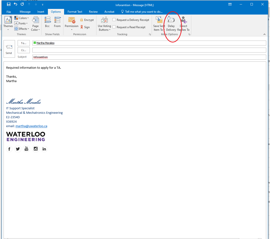 New outlook message with a highlight in delay delivery  
