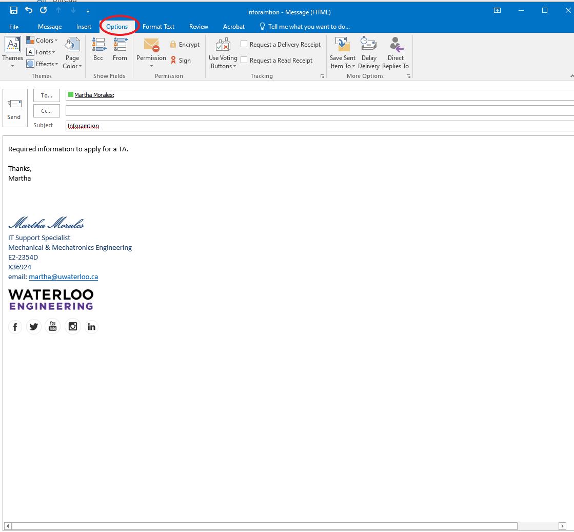 new outlook email with the options highlighted