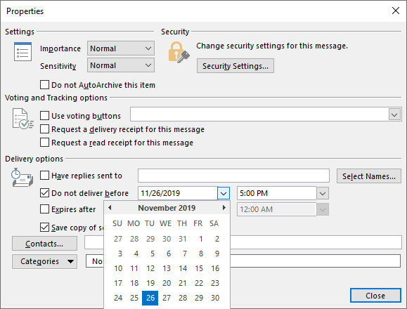 email properties of the delay delivery option showing the calendar