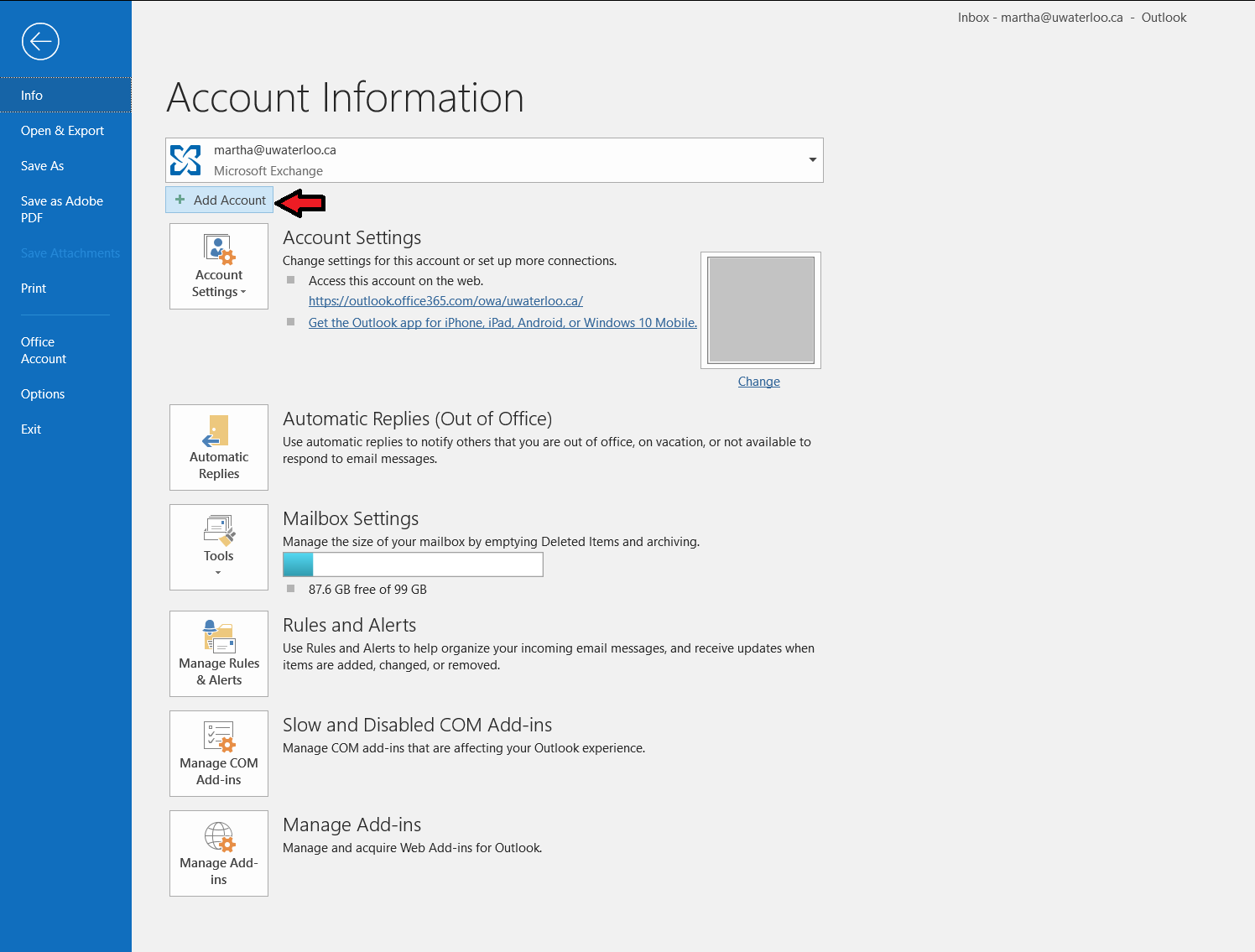 WIndow with file options and arrow pointing to add account