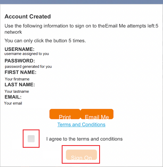 window with information about the account created and a check box 