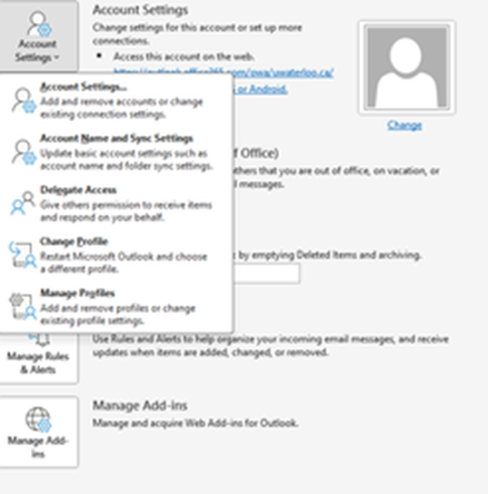 Window showing account setting  with a submenu open with different choices related to account settings