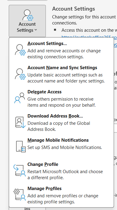 Windows showing Account setting menu with different options
