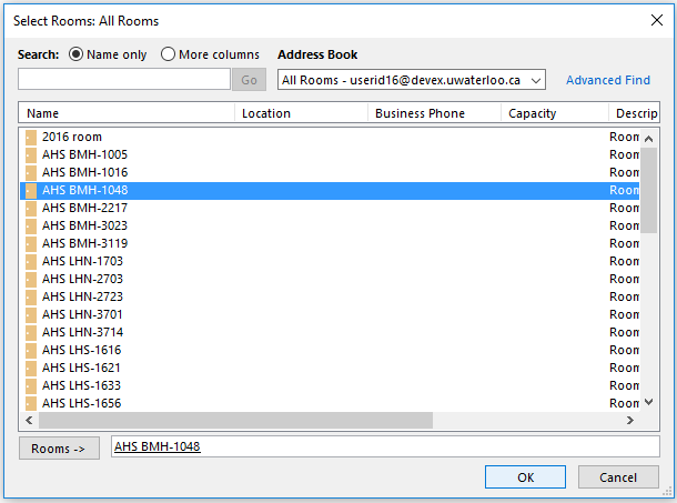 Adding a room to a meeting dialog box