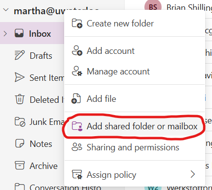 Screen highlithgting Add Shared Folder or mailbox