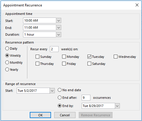 Appointment recurrence dialog box with weekly meeting options