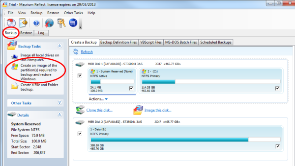 Window of Macrium reflect software where Backup is selected as well as Create an image of the partition