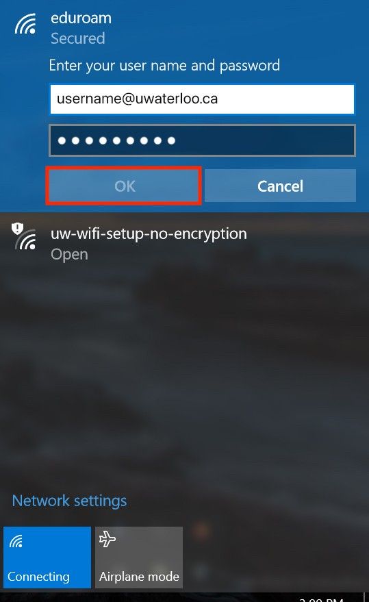 windows with the email and password fields