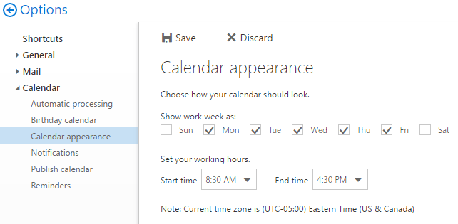 Calendar appearance options with work days and hours set.