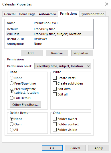 Calendar Properties - Permissions dialog box