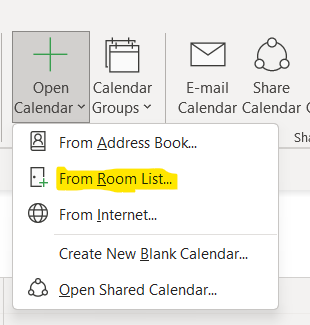 Open calendar selected and From Room list is highlighted