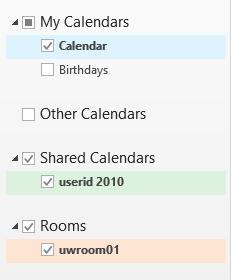 Calendar list with a person's and room's calendar open