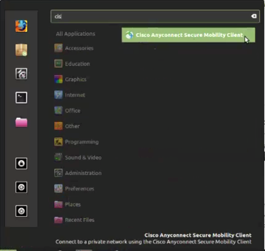 image with all the applications and ciscoanyconnect is highlighted