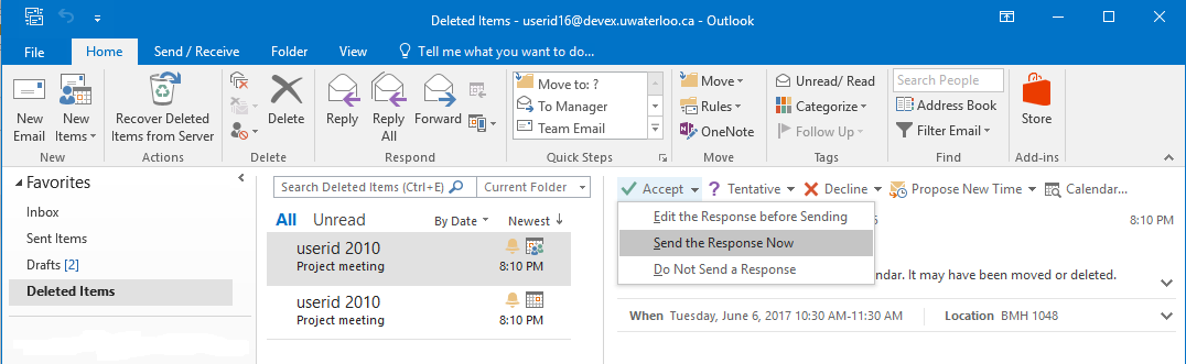 Updating response to a declined meeting in the Deleted Items folder