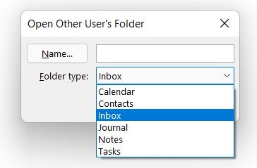 window with option to select from calendar, contacts, inbox, journal, notes and tasks with inbox select it