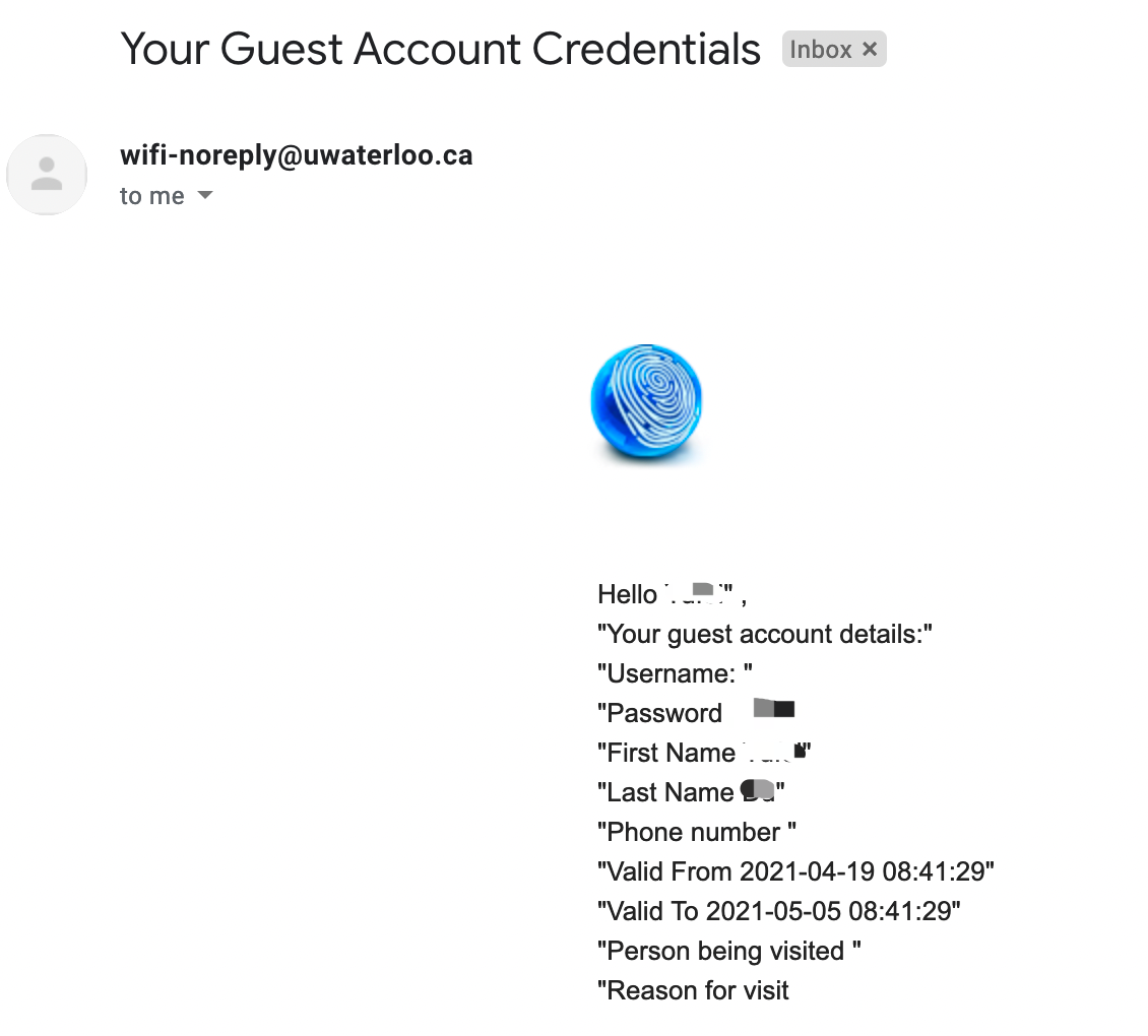email with information about the login