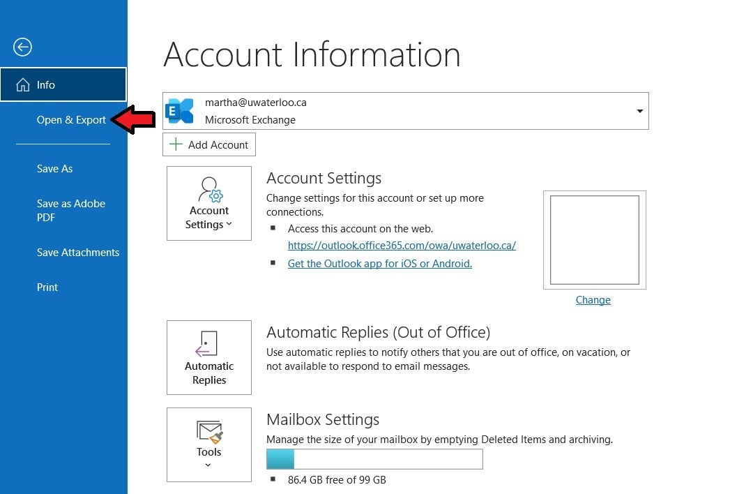 windows with open and export selected.