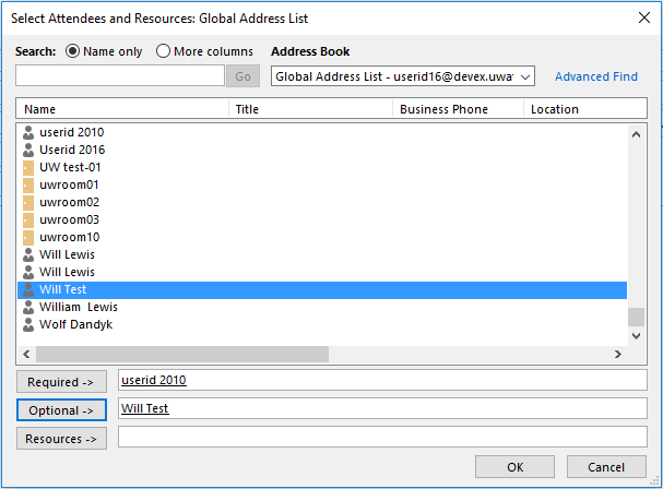 Global Address list, inviting people to a meeting via scheduling assistant