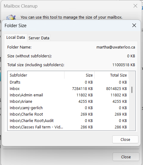 window showing mailbox size with all subfolders